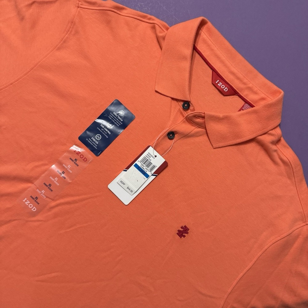 New IZOD Polo Shirt Men Orange Chill Touch Stretch UPF-15 UV Size XL